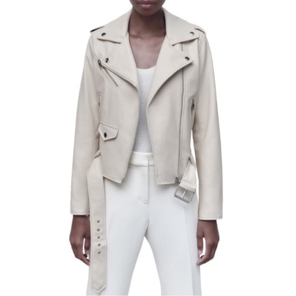 Zara Jackets & Blazers - Zara Faux Leather Biker Jacket with Belt in Cream